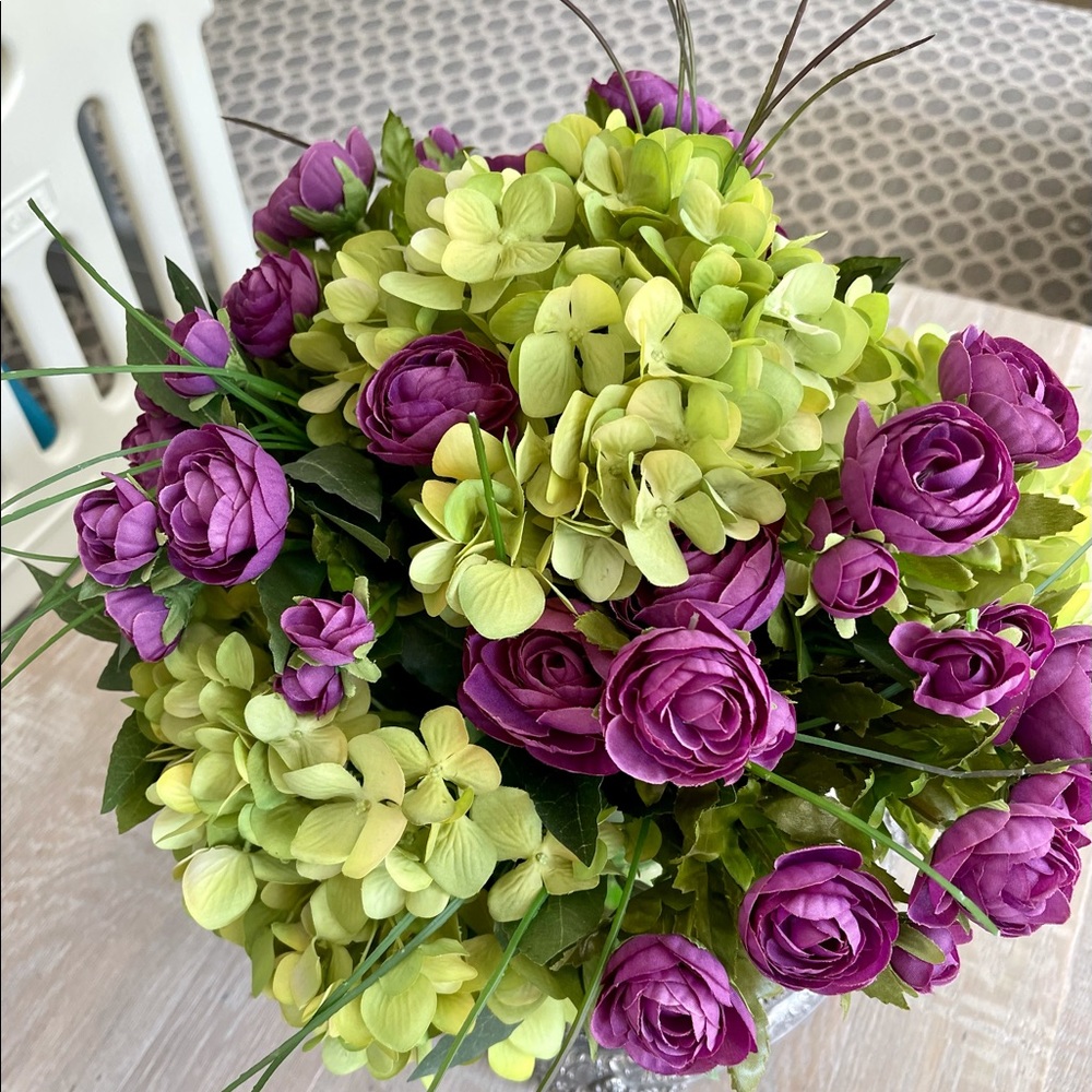 Silk Green Hydrangea PurplFlower Centerpiece Glass